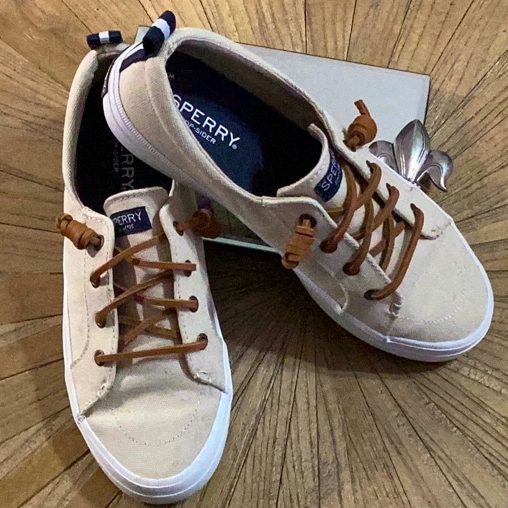 Sperry Cream Canvas Sneakers with Brown Laces